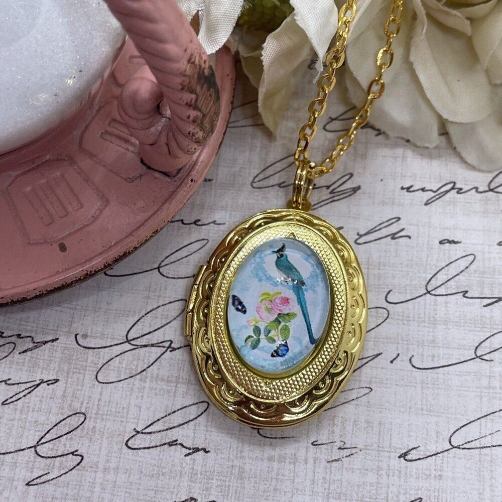 Easter Gold Bird Jay Blue Butterfly Locket Necklace Pendant Wedding Mothers Day